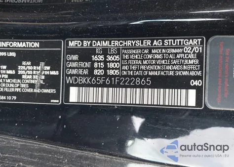 2001 Mercedes-Benz Slk 320 z USA, uszkodzony, nr VIN WDBKK65F61F222865